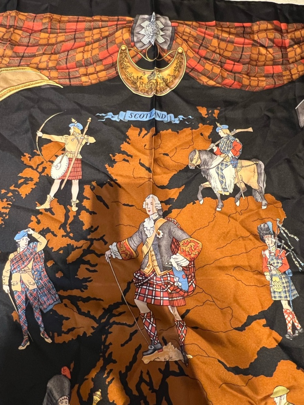 Hermes Black and Orange Scottish Tartan Motif Silk Scarf